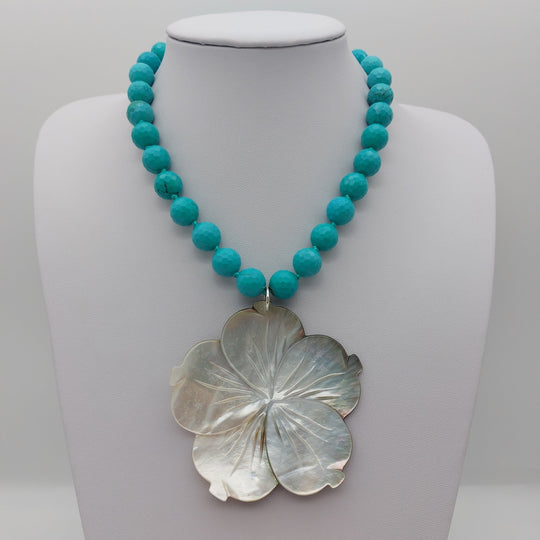 Carved Mother of Pearl Flower &amp; Blue-Green Magnesite Statement Necklace | Adjustable | Handmade