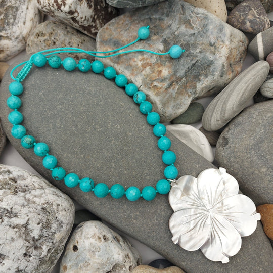 Carved Mother of Pearl Flower &amp; Blue-Green Magnesite Statement Necklace | Adjustable | Handmade