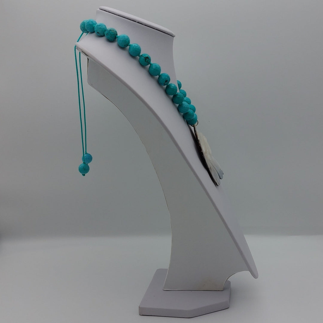 Carved Mother of Pearl Flower &amp; Blue-Green Magnesite Statement Necklace | Adjustable | Handmade