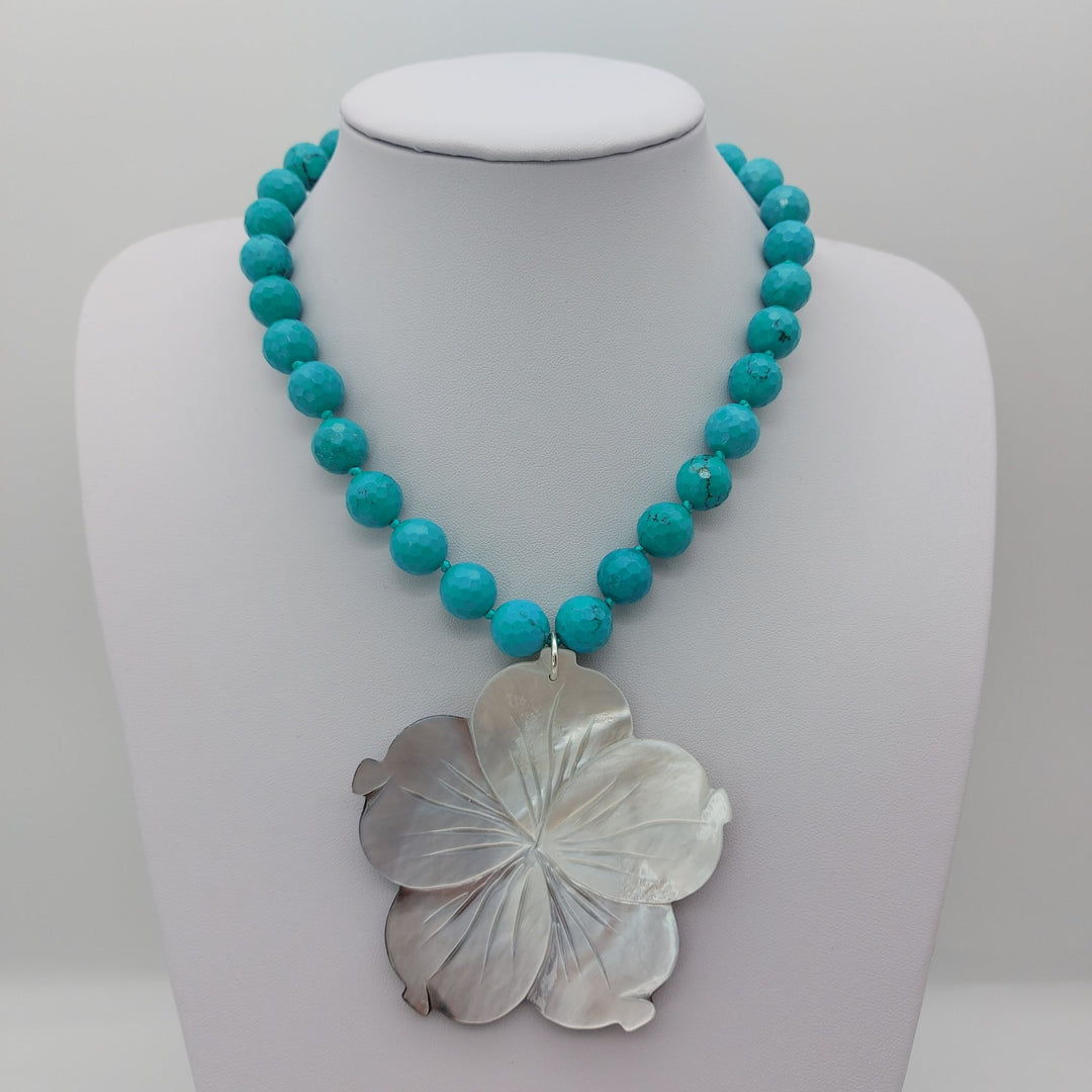 Carved Mother of Pearl Flower &amp; Blue-Green Magnesite Statement Necklace | Adjustable | Handmade