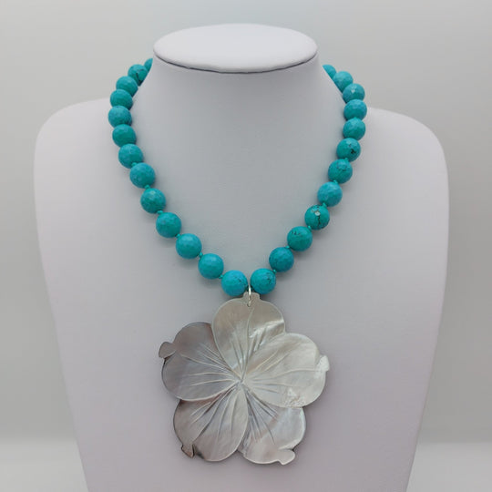 Carved Mother of Pearl Flower &amp; Blue-Green Magnesite Statement Necklace | Adjustable | Handmade