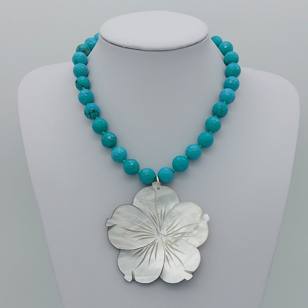 Carved Mother of Pearl Flower &amp; Blue-Green Magnesite Statement Necklace | Adjustable | Handmade
