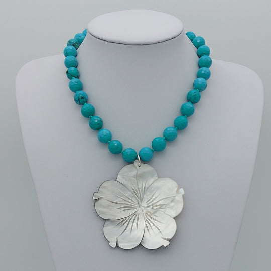 Carved Mother of Pearl Flower &amp; Blue-Green Magnesite Statement Necklace | Adjustable | Handmade