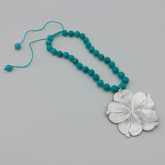 Carved Mother of Pearl Flower &amp; Blue-Green Magnesite Statement Necklace | Adjustable | Handmade