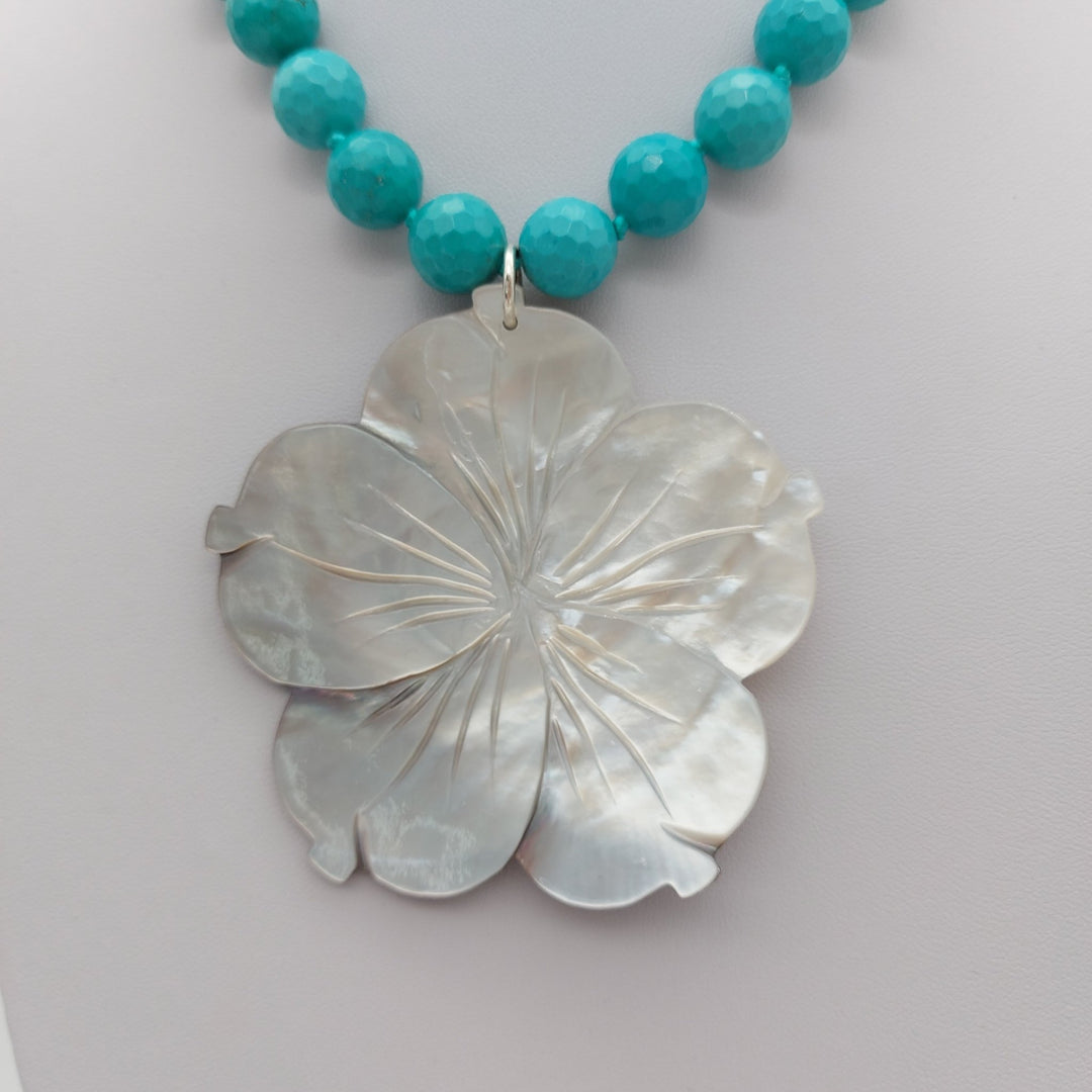 Carved Mother of Pearl Flower &amp; Blue-Green Magnesite Statement Necklace | Adjustable | Handmade
