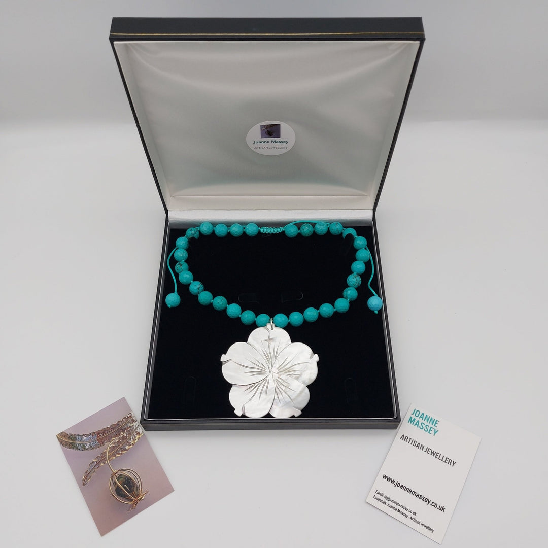Carved Mother of Pearl Flower &amp; Blue-Green Magnesite Statement Necklace | Adjustable | Handmade