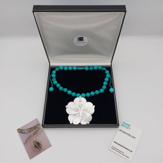 Carved Mother of Pearl Flower &amp; Blue-Green Magnesite Statement Necklace | Adjustable | Handmade