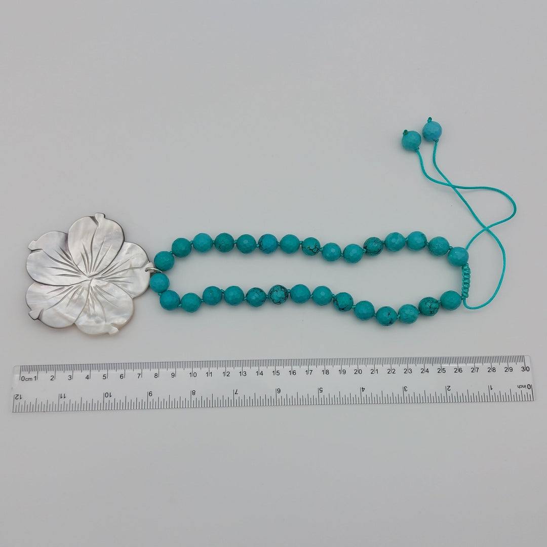 Carved Mother of Pearl Flower &amp; Blue-Green Magnesite Statement Necklace | Adjustable | Handmade