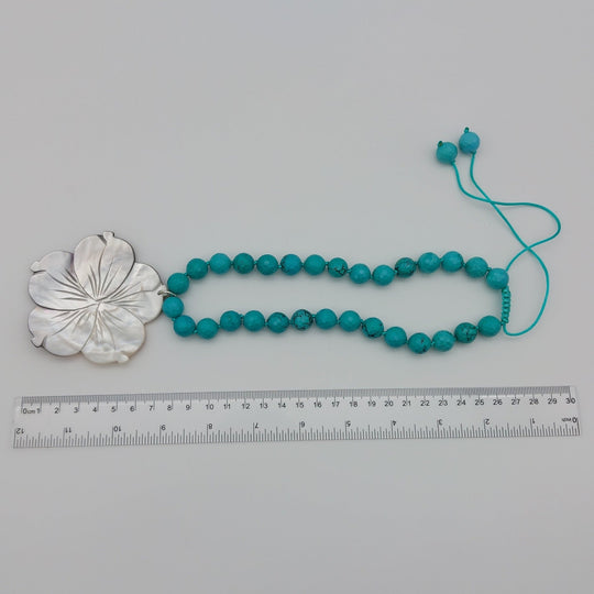 Carved Mother of Pearl Flower &amp; Blue-Green Magnesite Statement Necklace | Adjustable | Handmade