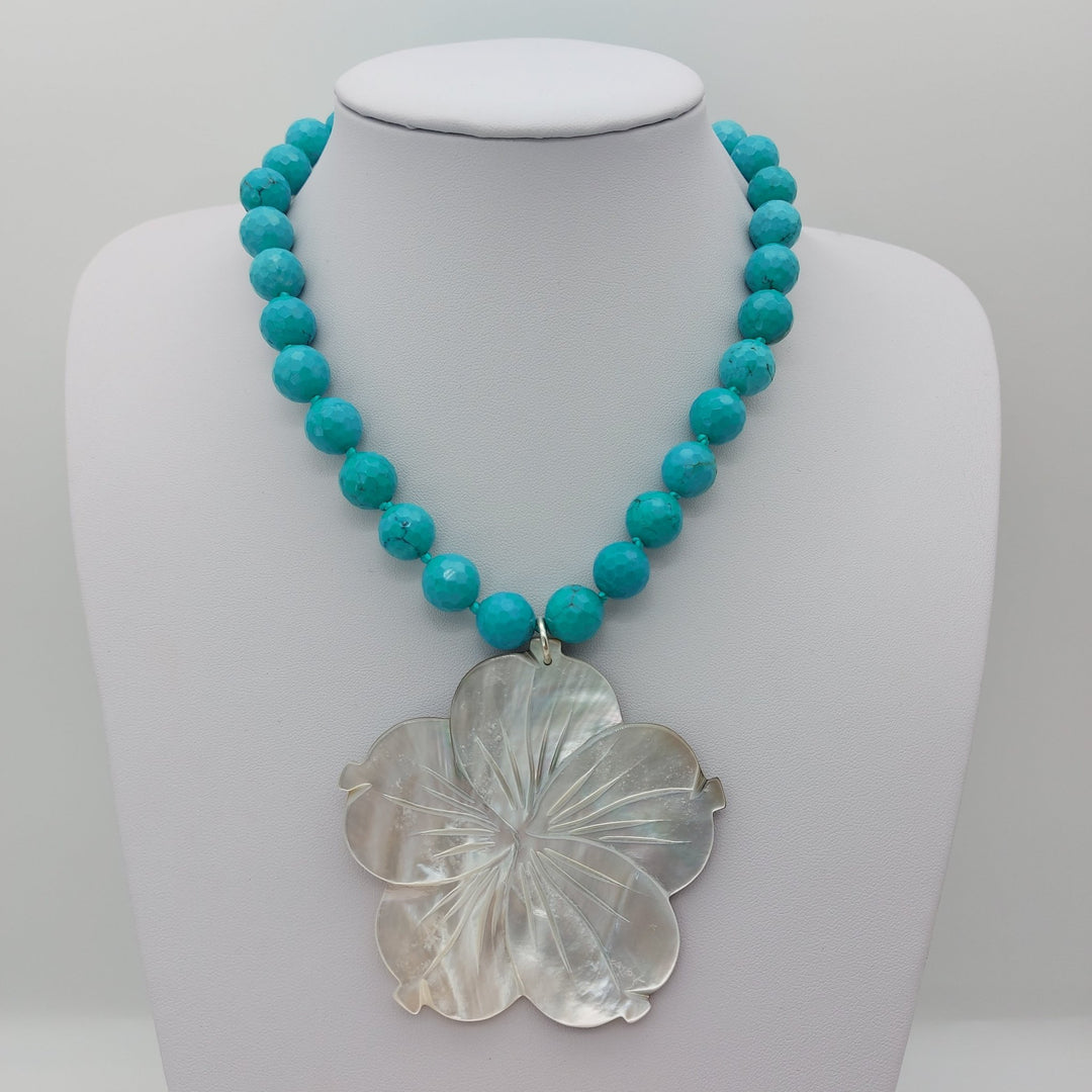 Carved Mother of Pearl Flower &amp; Blue-Green Magnesite Statement Necklace | Adjustable | Handmade