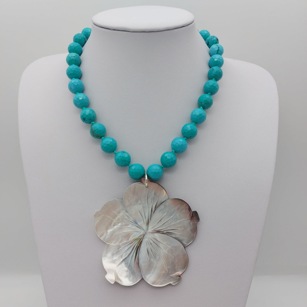 Carved Mother of Pearl Flower &amp; Blue-Green Magnesite Statement Necklace | Adjustable | Handmade