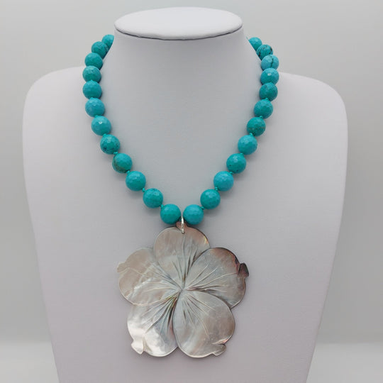 Carved Mother of Pearl Flower &amp; Blue-Green Magnesite Statement Necklace | Adjustable | Handmade