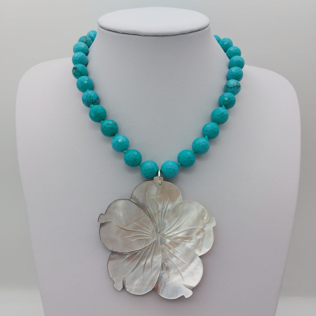 Carved Mother of Pearl Flower &amp; Blue-Green Magnesite Statement Necklace | Adjustable | Handmade