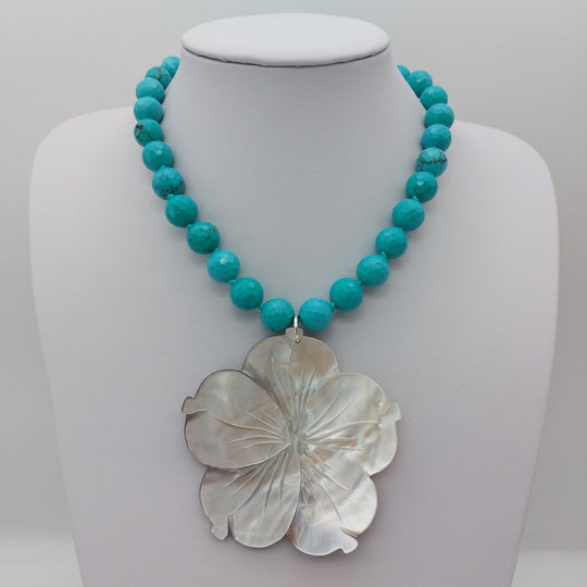 Carved Mother of Pearl Flower &amp; Blue-Green Magnesite Statement Necklace | Adjustable | Handmade