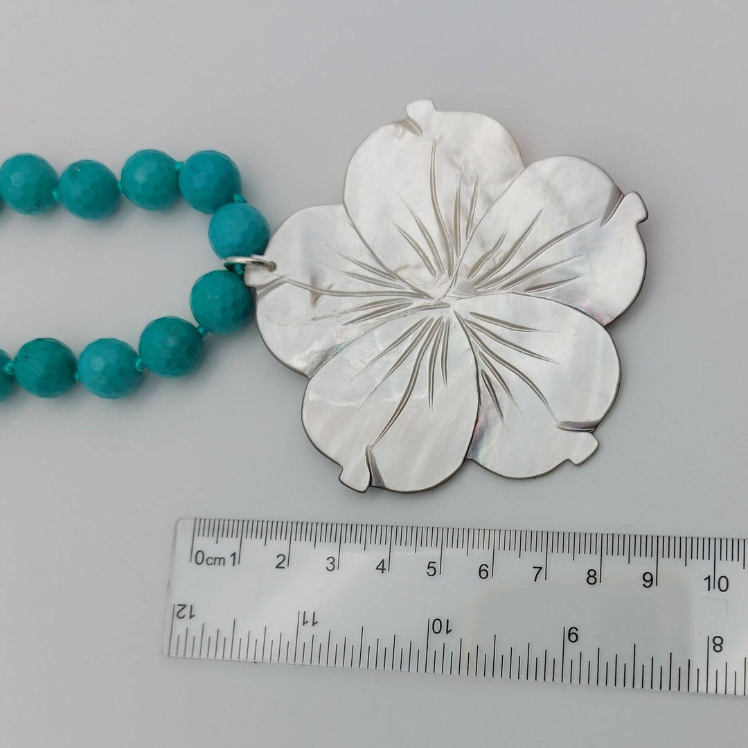 Carved Mother of Pearl Flower &amp; Blue-Green Magnesite Statement Necklace | Adjustable | Handmade