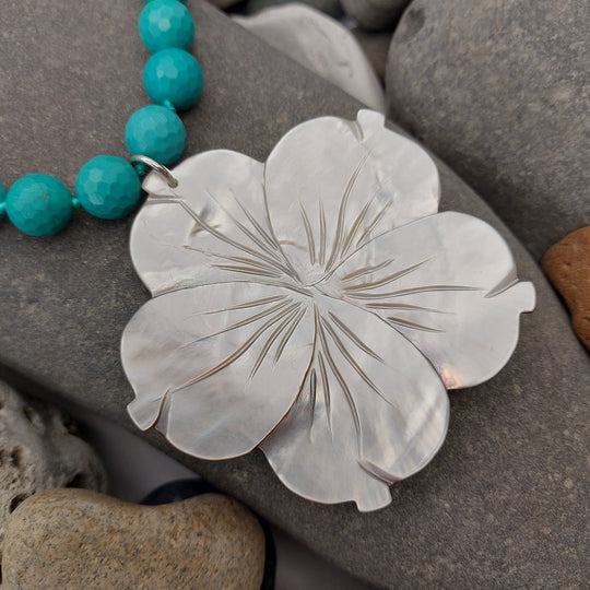 Carved Mother of Pearl Flower &amp; Blue-Green Magnesite Statement Necklace | Adjustable | Handmade