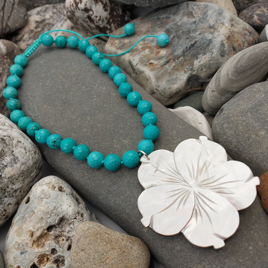 Carved Mother of Pearl Flower &amp; Blue-Green Magnesite Statement Necklace | Adjustable | Handmade