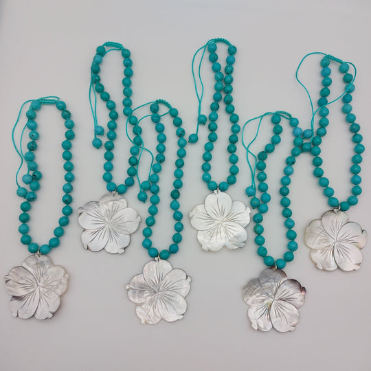 Carved Mother of Pearl Flower &amp; Blue-Green Magnesite Statement Necklace | Adjustable | Handmade