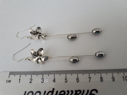 Flower Earrings, Flower and Hematite Earrings, 925 Sterling Silver Flower Earrings,  Long drop Flower Earrings