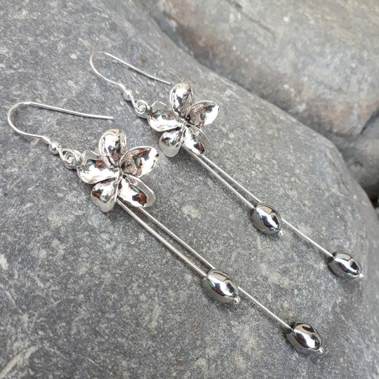 Flower Earrings, Flower and Hematite Earrings, 925 Sterling Silver Flower Earrings,  Long drop Flower Earrings