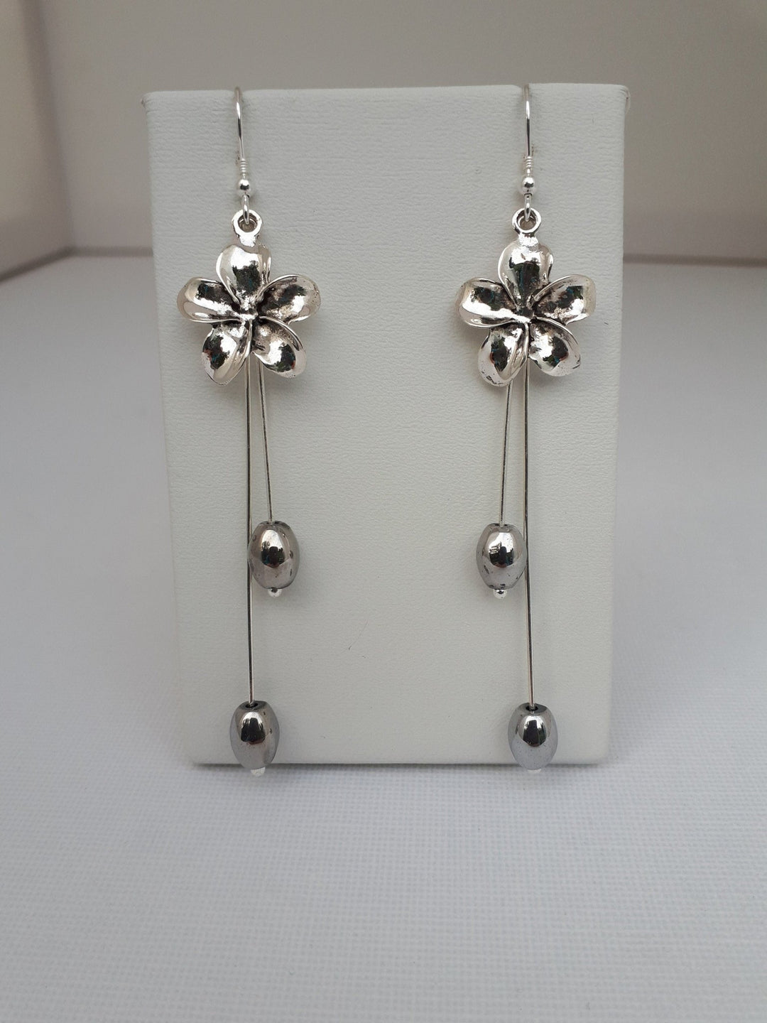 Flower Earrings, Flower and Hematite Earrings, 925 Sterling Silver Flower Earrings,  Long drop Flower Earrings