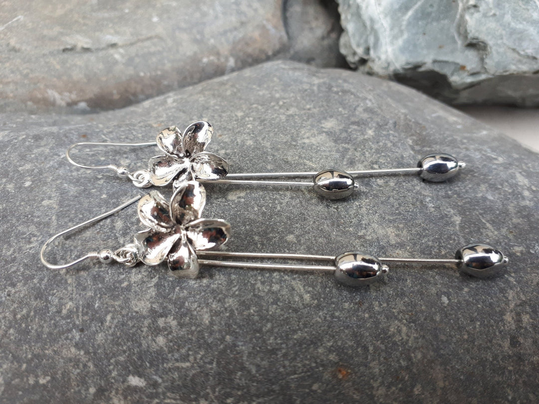 Flower Earrings, Flower and Hematite Earrings, 925 Sterling Silver Flower Earrings,  Long drop Flower Earrings