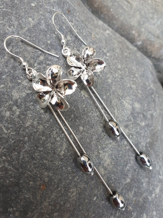 Flower Earrings, Flower and Hematite Earrings, 925 Sterling Silver Flower Earrings,  Long drop Flower Earrings