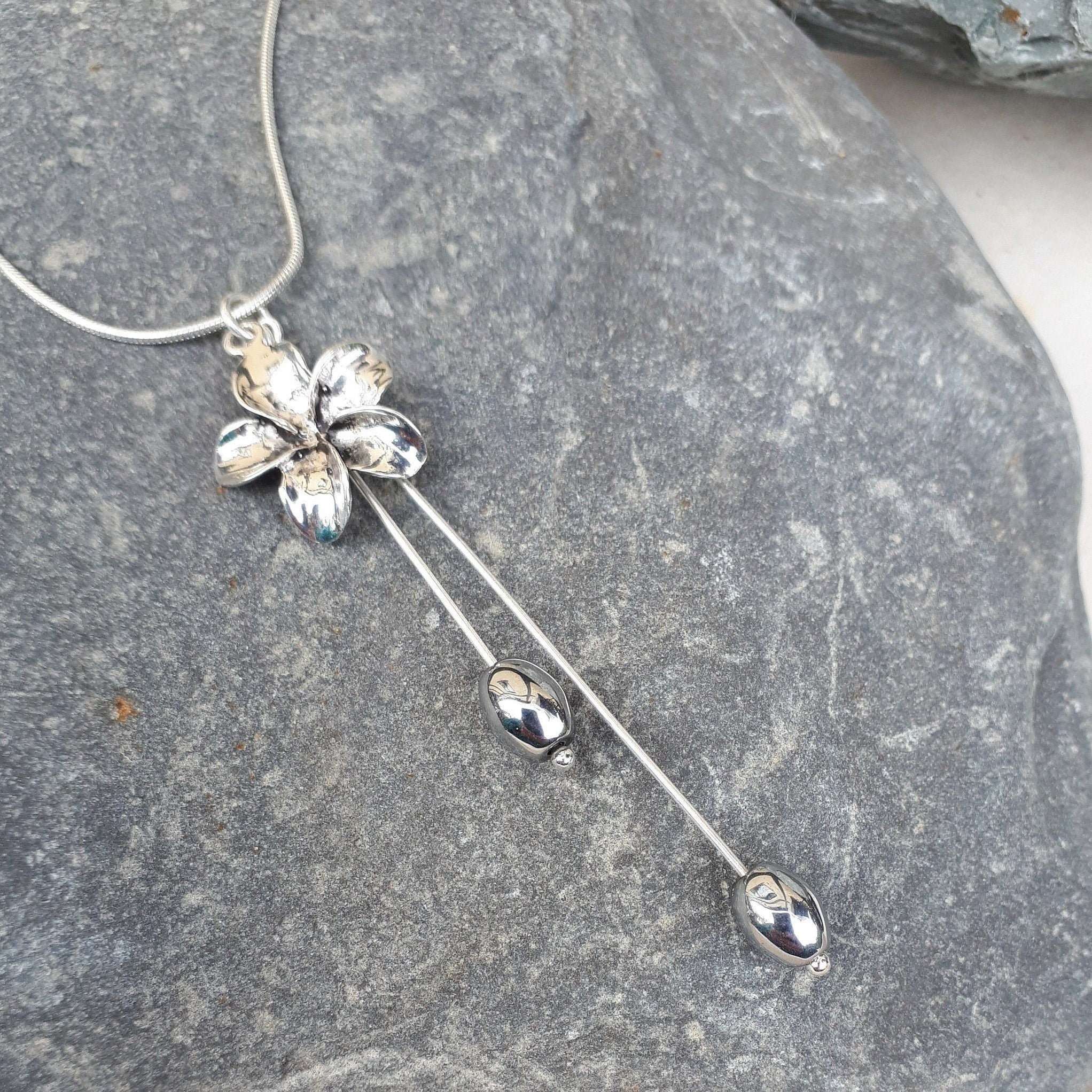 Flower Necklace,  Flower and Hematite Necklace, Long Drop Necklace, 925 Sterling Silver.