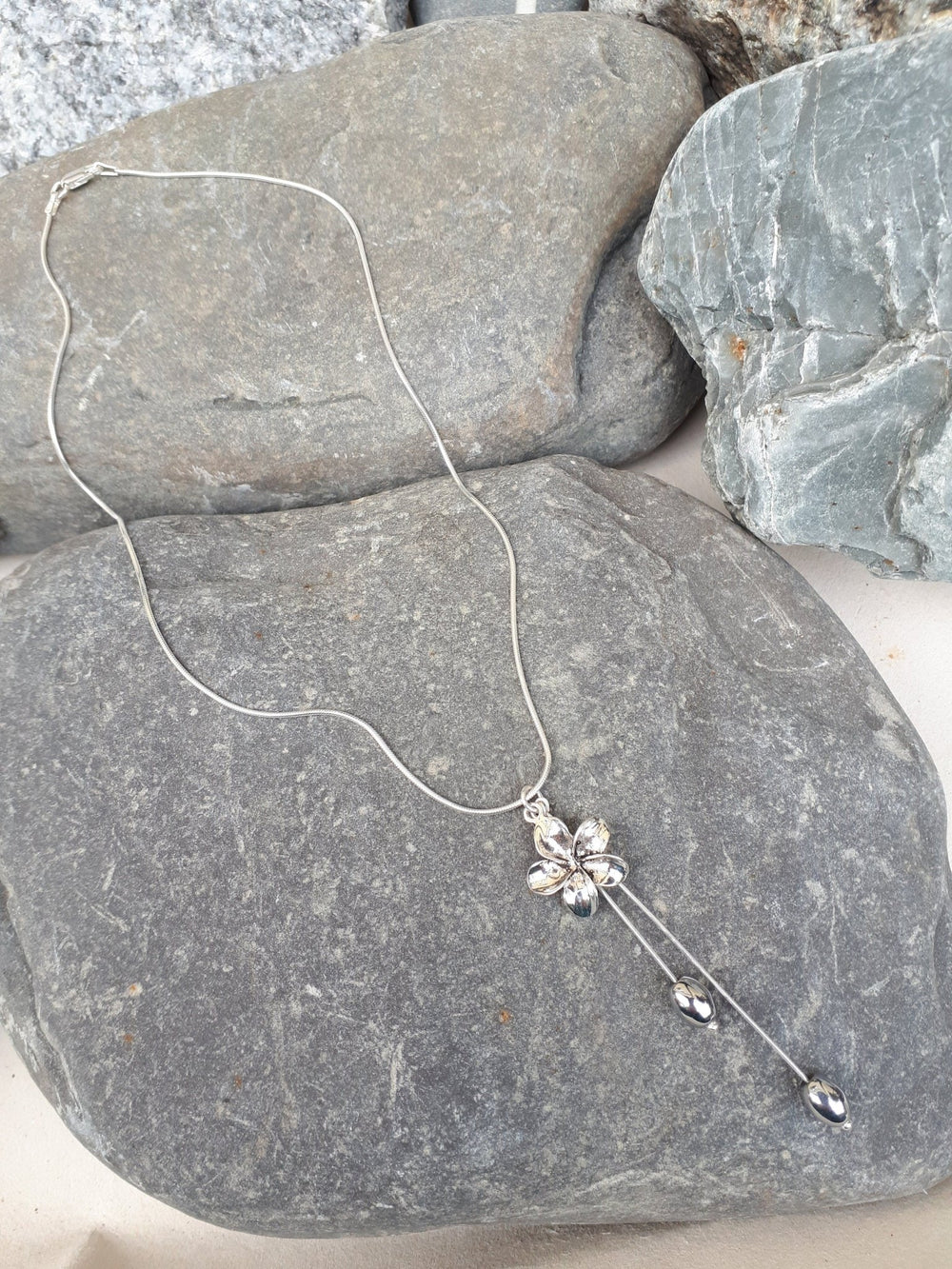 Flower Necklace,  Flower and Hematite Necklace, Long Drop Necklace, 925 Sterling Silver.