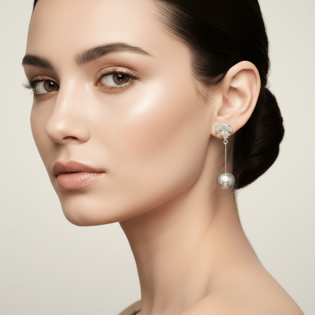 Luxury model wearing maple leaf pearl earrings