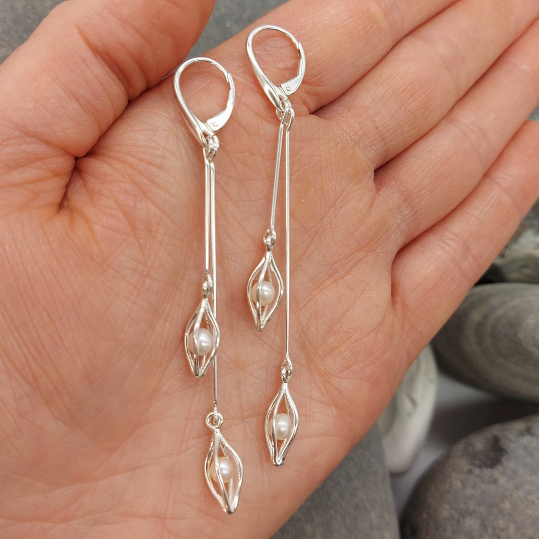 Handmade Sterling Silver Double Drop Seed Caged White Pearl Earrings | 925 Silver | Freshwater Cultured Pearls | Wedding Jewellery