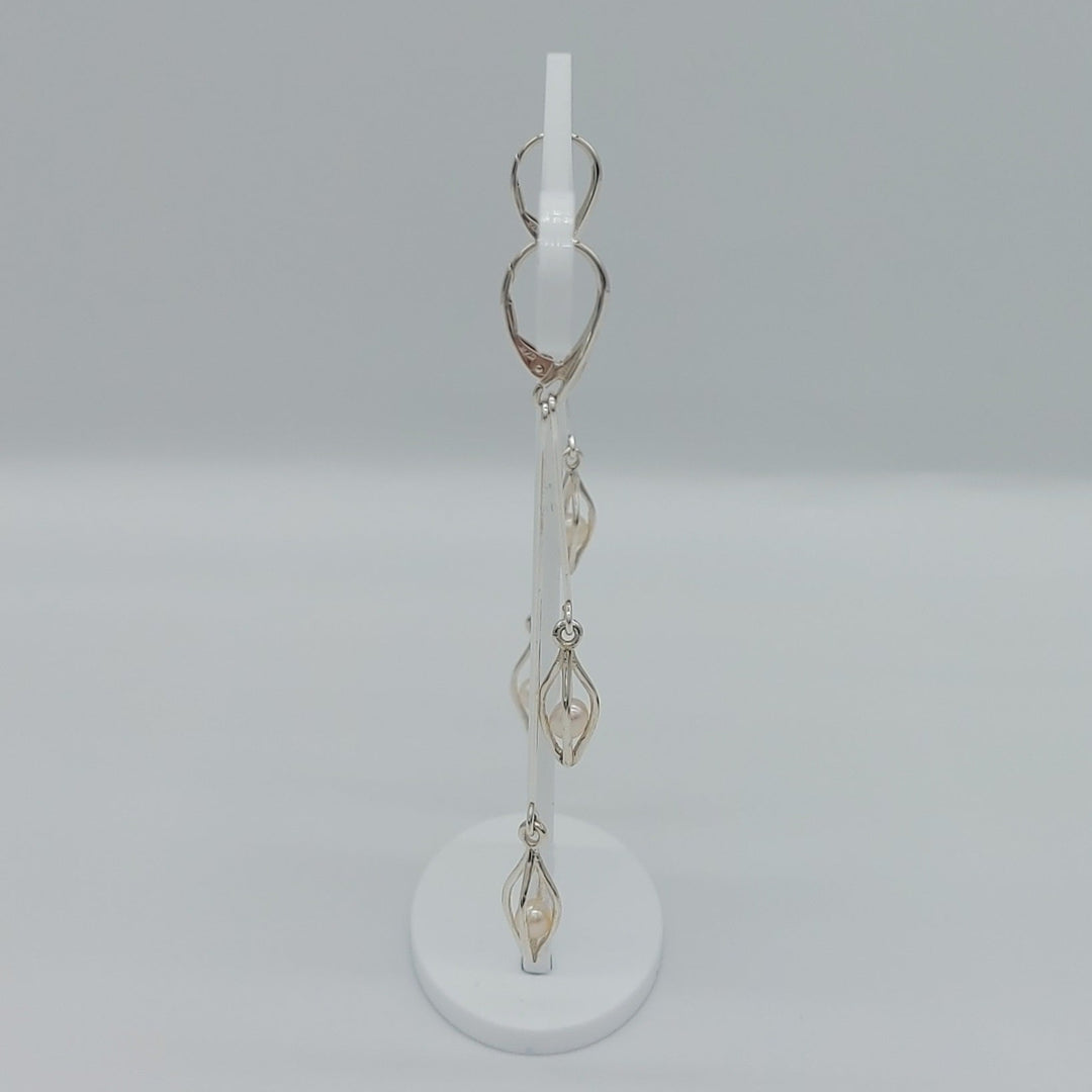 Handmade Sterling Silver Double Drop Seed Caged White Pearl Earrings | 925 Silver | Freshwater Cultured Pearls | Wedding Jewellery