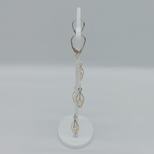 Handmade Sterling Silver Double Drop Seed Caged White Pearl Earrings | 925 Silver | Freshwater Cultured Pearls | Wedding Jewellery