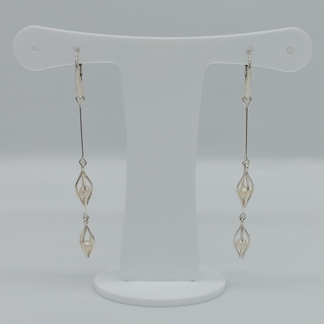 Handmade Sterling Silver Double Drop Seed Caged White Pearl Earrings | 925 Silver | Freshwater Cultured Pearls | Wedding Jewellery