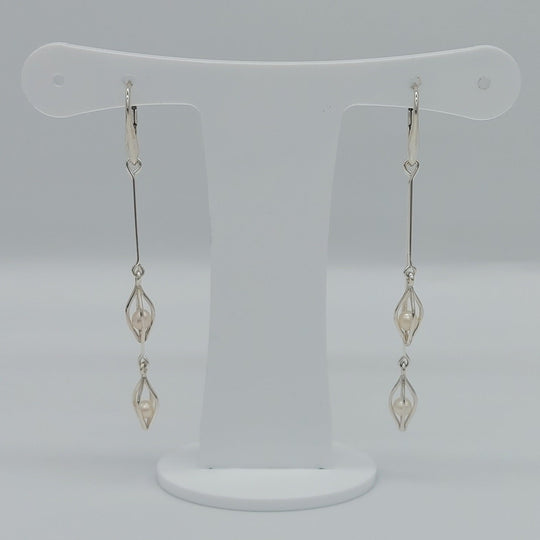 Handmade Sterling Silver Double Drop Seed Caged White Pearl Earrings | 925 Silver | Freshwater Cultured Pearls | Wedding Jewellery