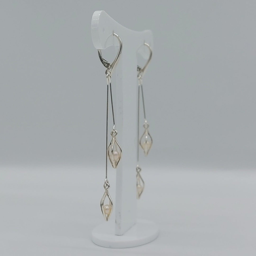 Handmade Sterling Silver Double Drop Seed Caged White Pearl Earrings | 925 Silver | Freshwater Cultured Pearls | Wedding Jewellery