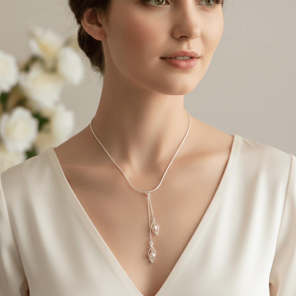 Close-up of model wearing sterling silver double drop seed caged white pearl necklace
