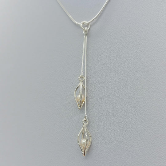 Handmade Sterling Silver Double Drop Seed Caged White Pearl Necklace | 925 Silver | Freshwater Cultured Pearls | Wedding Jewellery