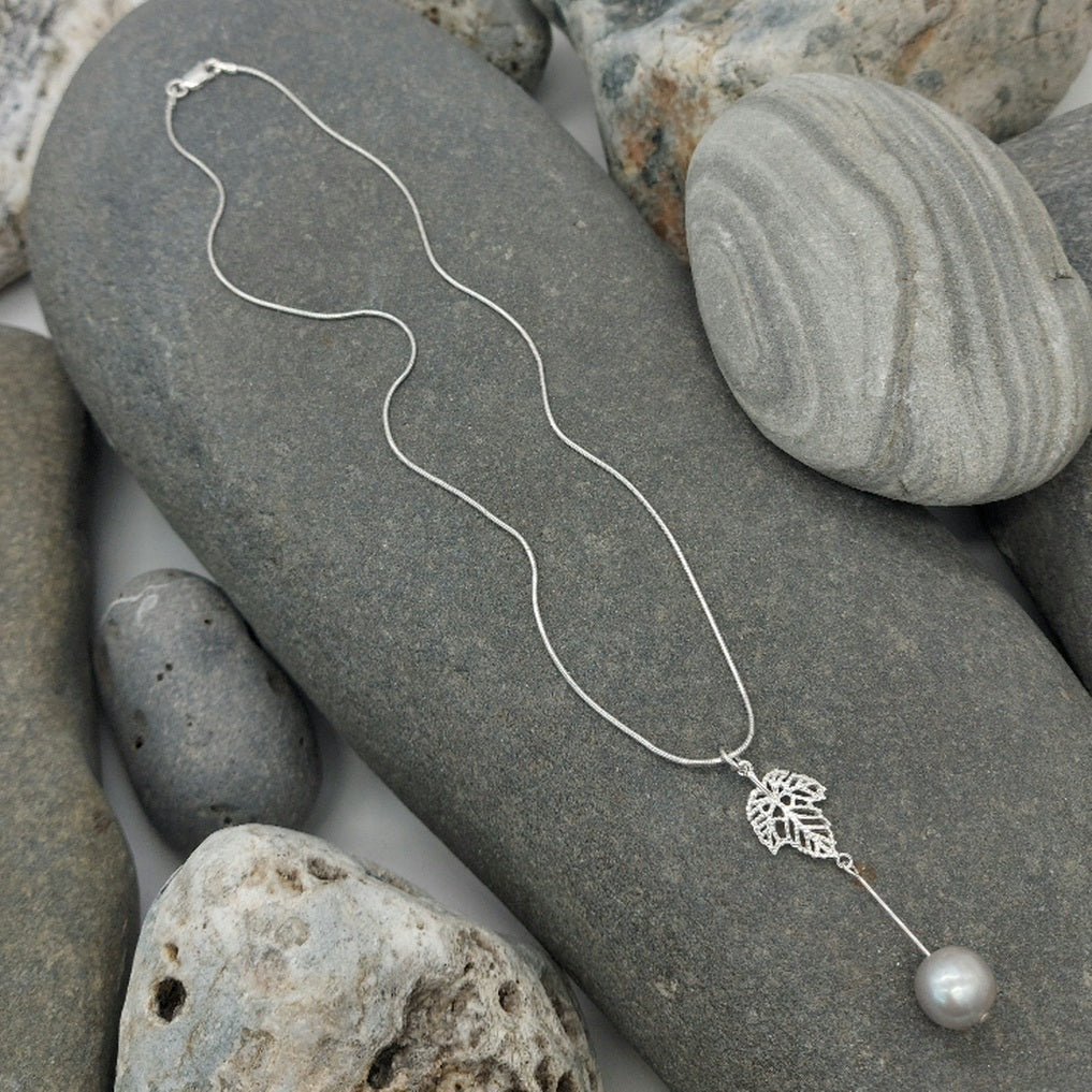 Grey cultured pearl and open work maple leaf necklace in 925 sterling silver - UK handcrafted June birthstone jewellery
