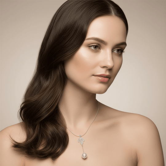 June birthstone pearl necklace with sterling silver maple leaf pendant worn by model - Cancer Gemini gift