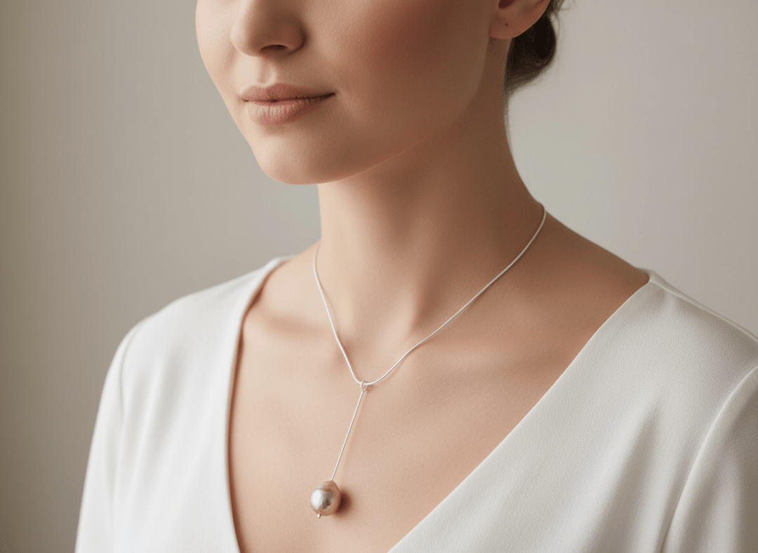Close-up of model wearing your sterling silver cultured pearl drop necklace