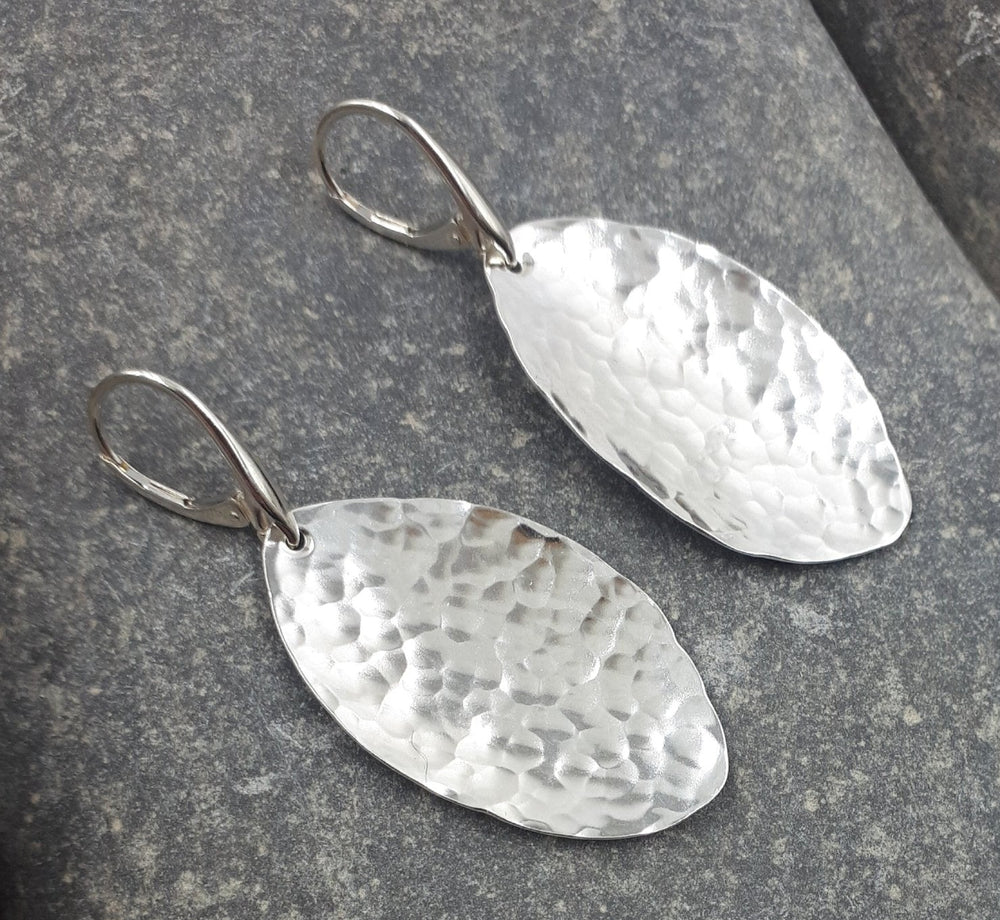 Large Sterling Silver Hammered Leaf Earrings | UK Handmade | Joanne Massey