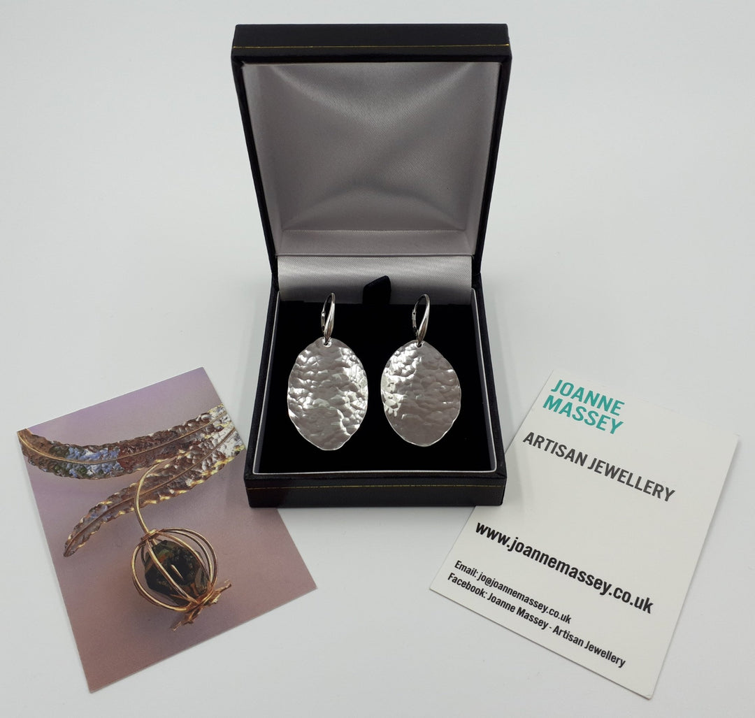 Large Sterling Silver Hammered Leaf Earrings | UK Handmade | Joanne Massey