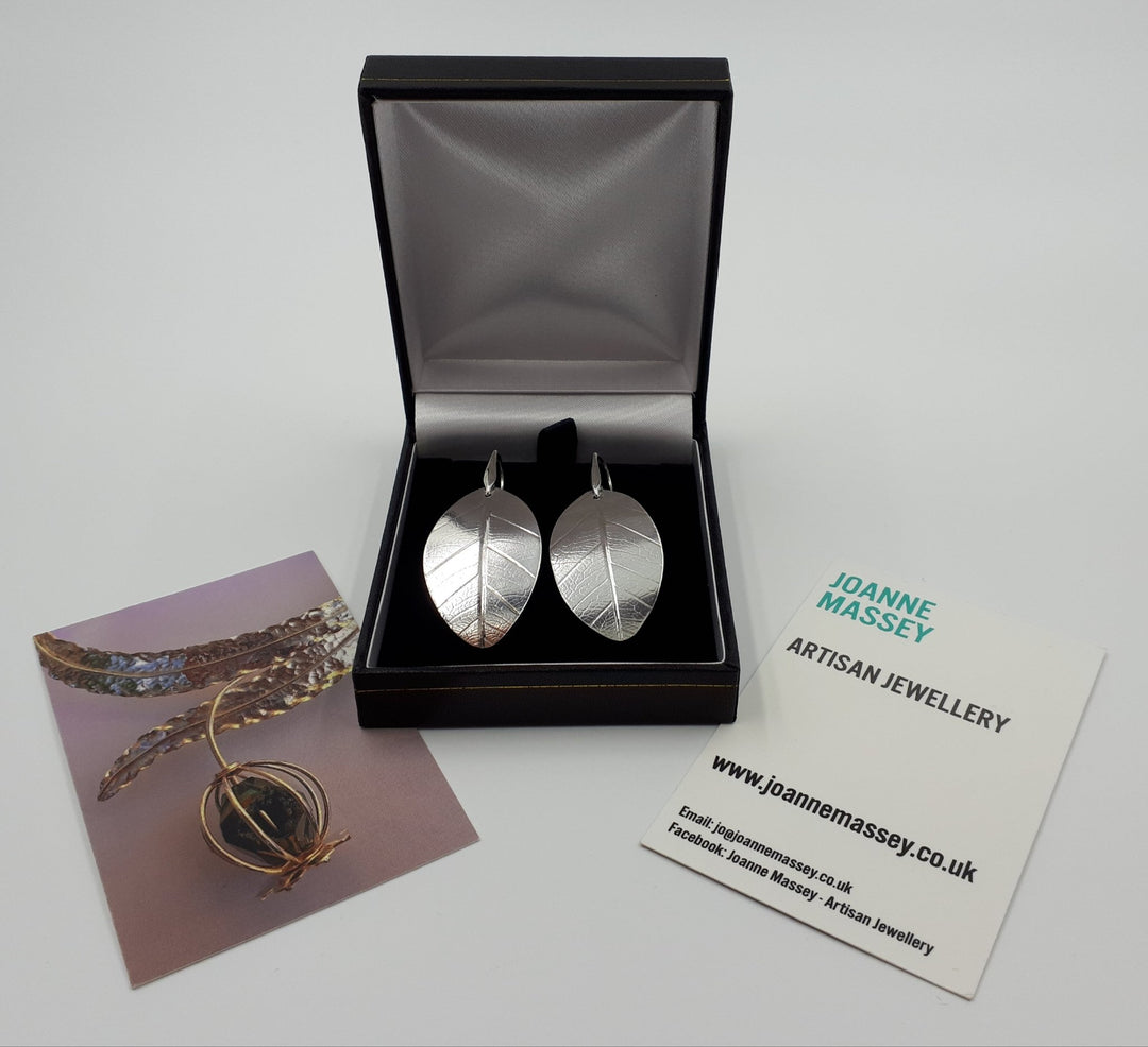 Large Sterling Silver Leaf Textured Earrings | Handmade UK Hallmarked Jewellery