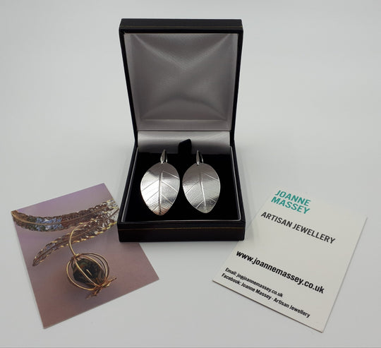 Large Sterling Silver Leaf Textured Earrings | Handmade UK Hallmarked Jewellery