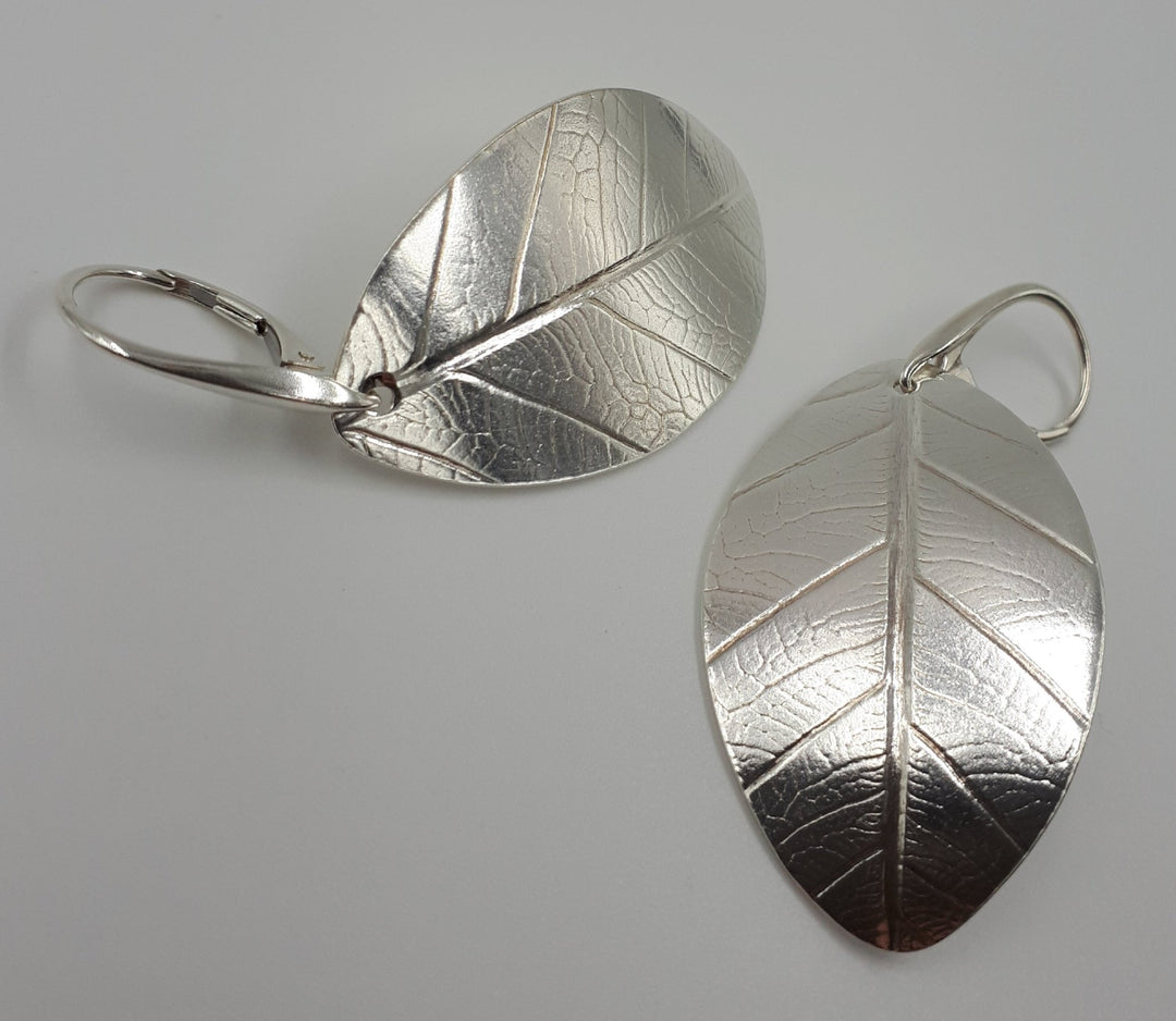 Large Sterling Silver Leaf Textured Earrings | Handmade UK Hallmarked Jewellery