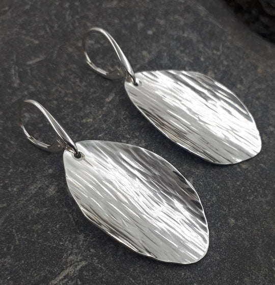 Large Sterling Silver Leaf Shape Bark Textured Earrings