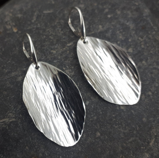 Large Sterling Silver Leaf Shape Bark Textured Earrings