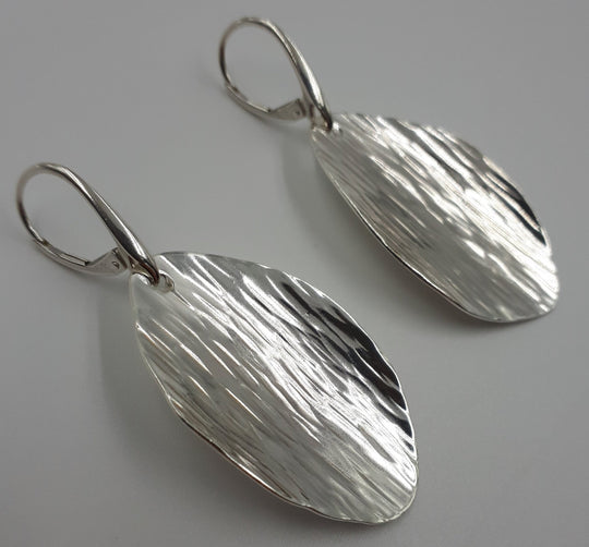 Large Sterling Silver Leaf Shape Bark Textured Earrings