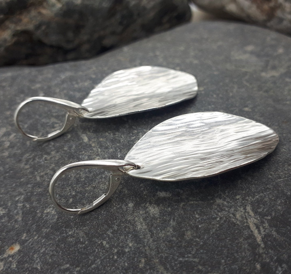 Large Sterling Silver Leaf Shape Bark Textured Earrings
